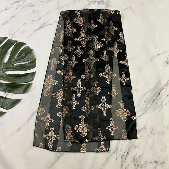 Womens Vintage 90s Lightweight Scarf Jeweled Cross Print Stripe Black Gold - Picture 2 of 3